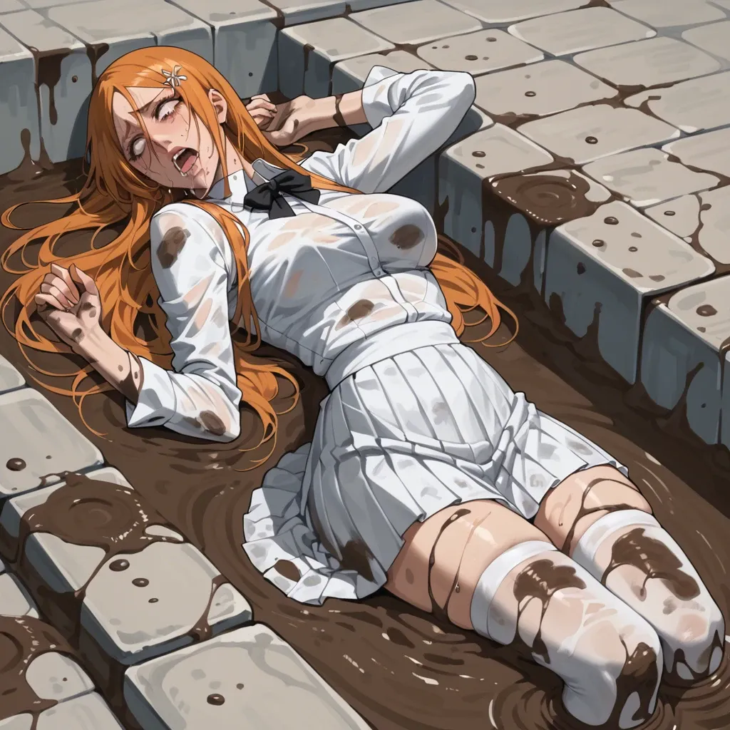 1girl, solo, (Character Orihime inoue from bleach), (perfect face: 1,3), (perfect eyes), fear, in a white shirt  and skirt, white stockings, sinking in the mud, sweamp, dirt