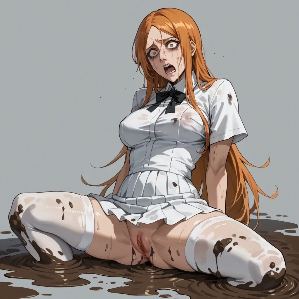 1girl, solo, (Character Orihime inoue from bleach), (perfect face: 1,3), (perfect eyes), fear, in a white shirt  and skirt, white stockings, sinking in the mud, sweamp, dirt