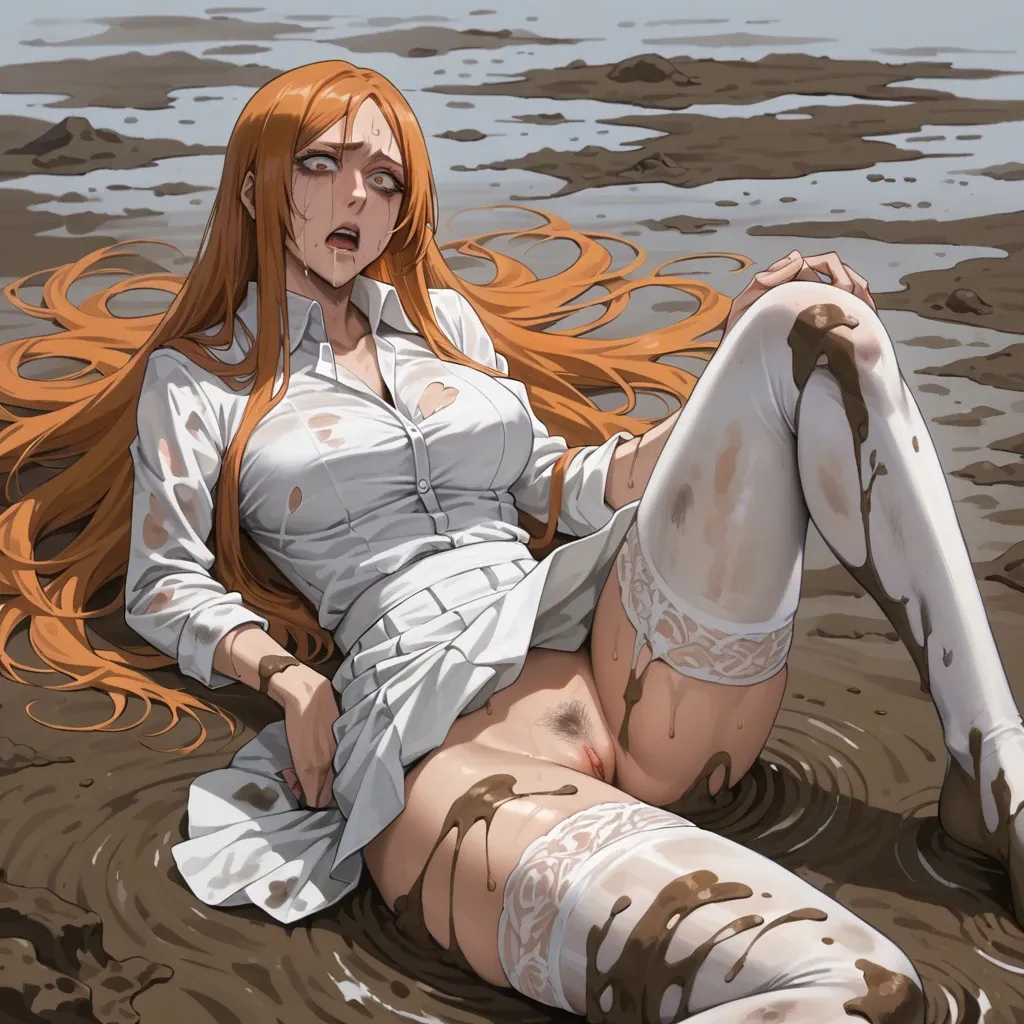 1girl, solo, (Character Orihime inoue from bleach), (perfect face), perfect eyes, fear, in a white shirt  and skirt, white stockings, sinking in the mud, sweamp, dirt