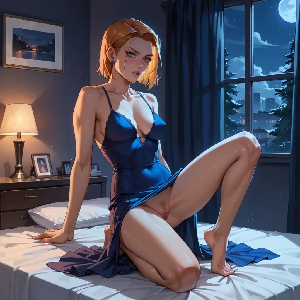 3girl,Gwen tennyson ben 10,Raven titans,android 18,night,bedroom,dress,