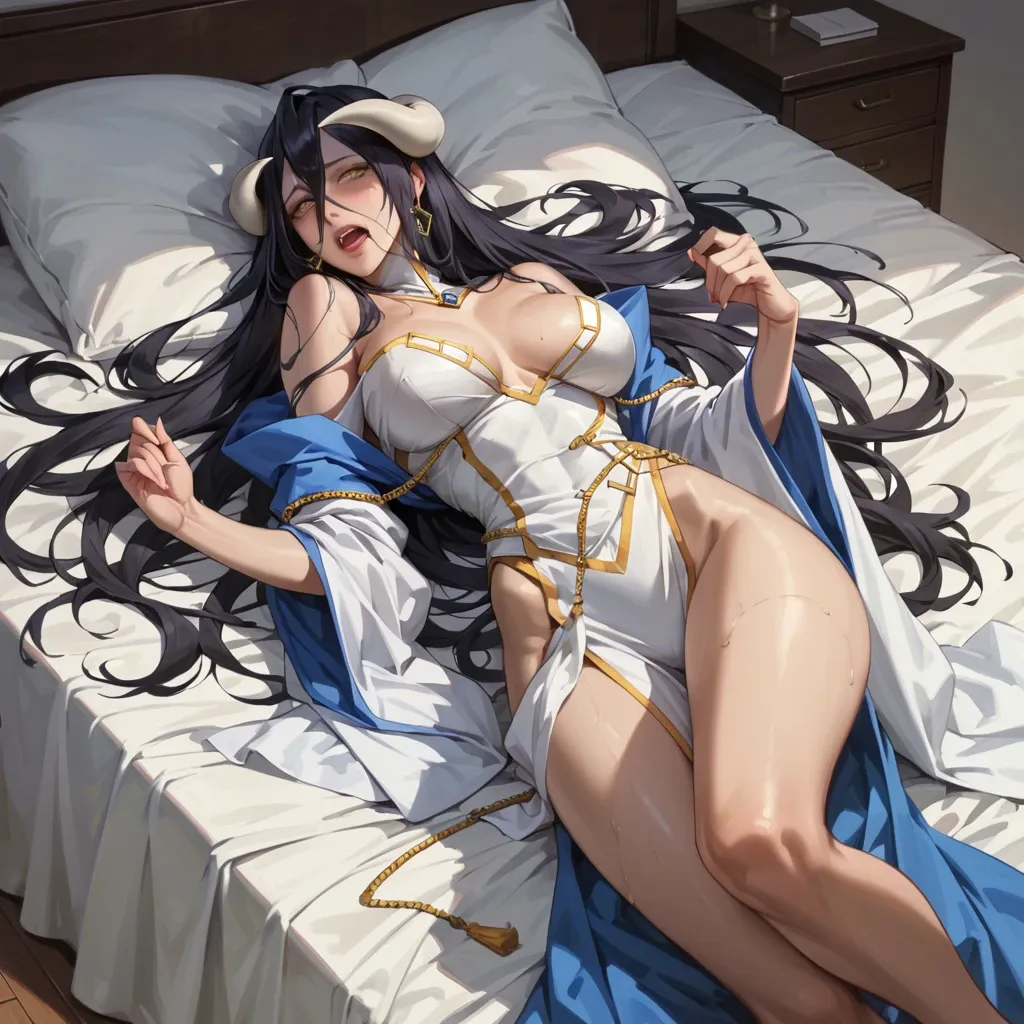 Albedo and boa Hancock, Shinobi and Nami on the bed in their best clothes  They are all lying on the bed.