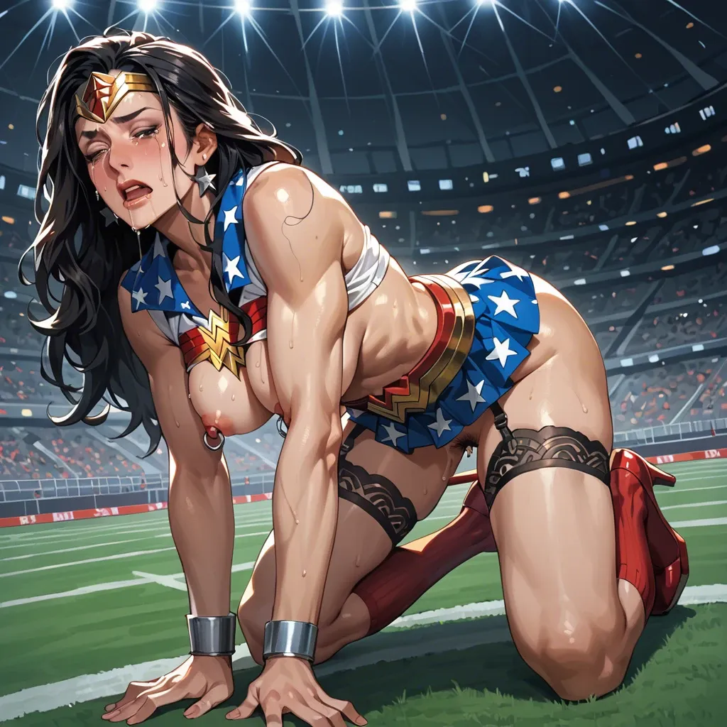 Wonder woman, anime, crying, timid face, micro skirt, garter belt, black high socks,  red platform high heels, nipple piercings, clitoris piercing, pubic hair,  on fours, in a stadium, micro tank top, big metalic spiked anal spreaders, collar leash, gape, squirting, orgasm,