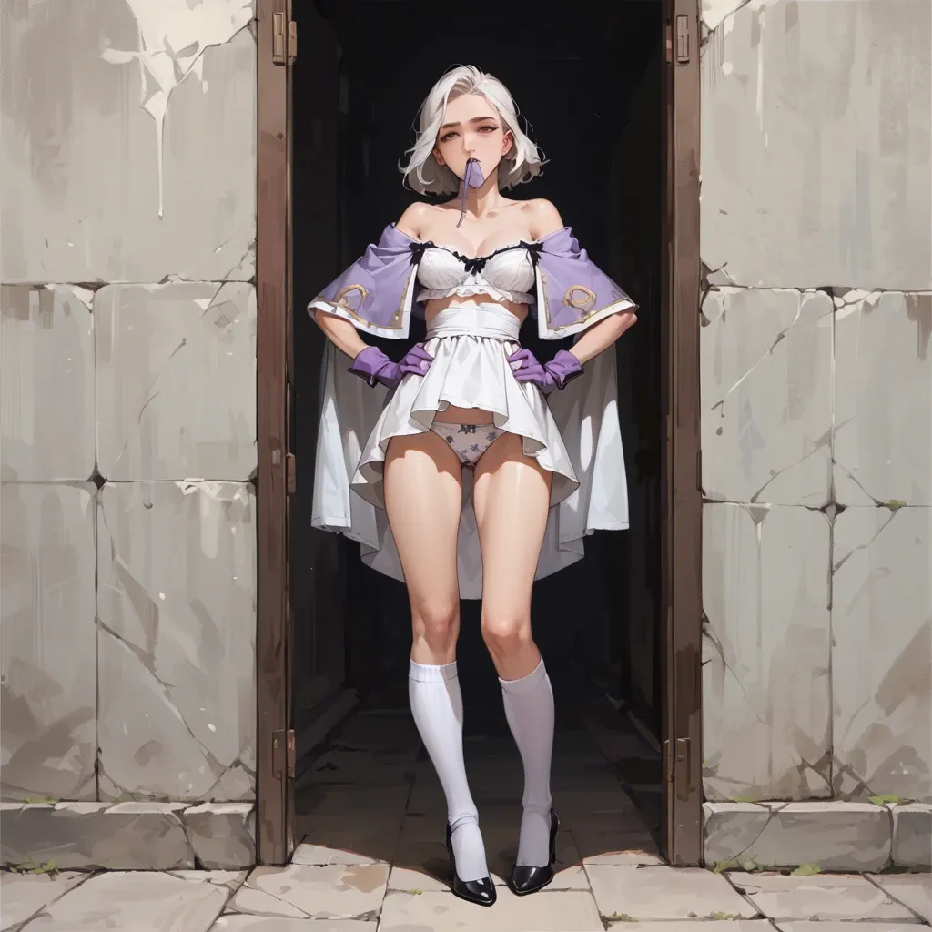 1girl,solo, , , , eye catching,knee-high,medium boobs,hands on hips,off-shoulder, dress,white socks,capelet,print panties,heels, shirt in mouth,socks,purple gloves,loose bra,white sneakers, school uniform, on the street, spaceship, anime a, dark eyes, princess zelda, spider-gwen