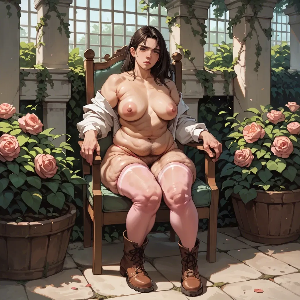 1girl,1boy, , , ,  ,cellulite arms,perky breasts,thin waists,off shoulder,big boobs,,skin hair detail, pink stockings,without panties,without bikini,brown boots, in a garden, chair, anime coloring, on dick, cum on pussy