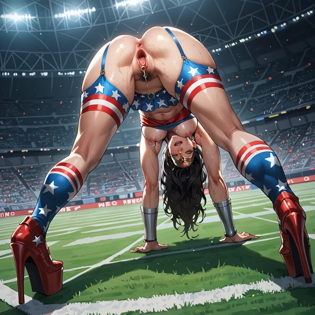 Wonder woman, anime, crying, timid face, micro skirt, garter belt, black high socks,  red platform high heels, nipple piercings, clitoris piercing, pubic hair,  on fours, in a stadium, micro tank top, big metalic spiked anal spreaders, gape, squirting, orgasm, view from back,