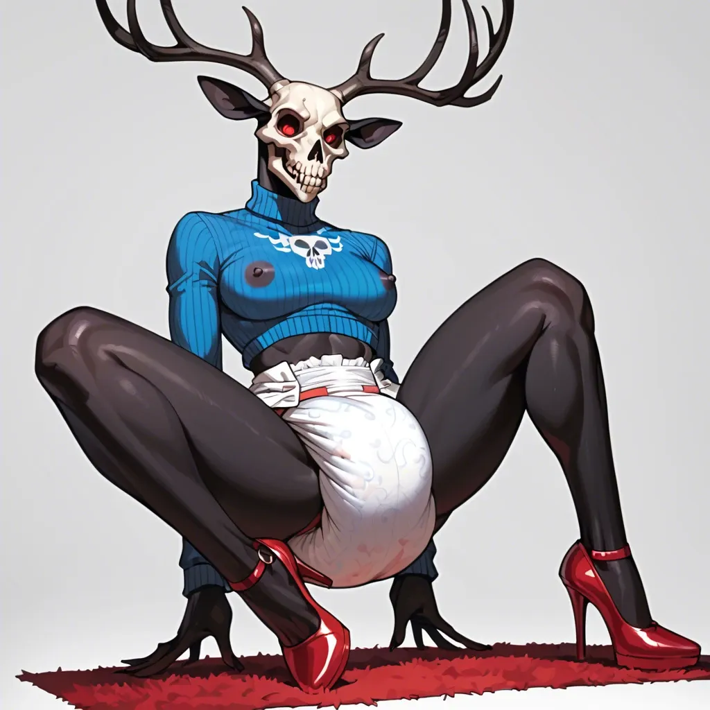 1 girl,solo,,,, wendigo, furry, skull face, wide hips, thick thighs, big ass, long legs, perky tits, flat nipples, black fur, soiled diaper, blue sweater, high heels, proud expression, red velvet carpet, outside tower, camera flashes, walking towards viewer