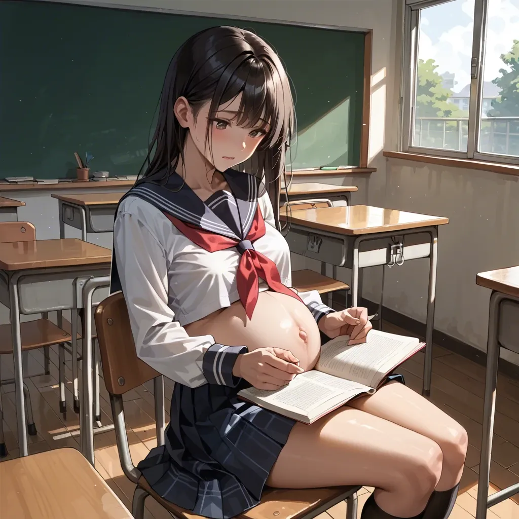 A beautiful and cute girl, cute Japanese, Wearing a school uniform, 9 months pregnant, in the classroom, sitting and studying.