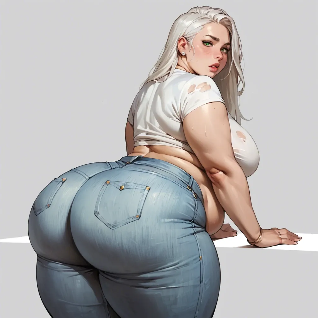 Woman, large ass, heavy ass, curvy, white hair, green eyes, bbw, big breasts, fat belly, large legs, jeans, shirt