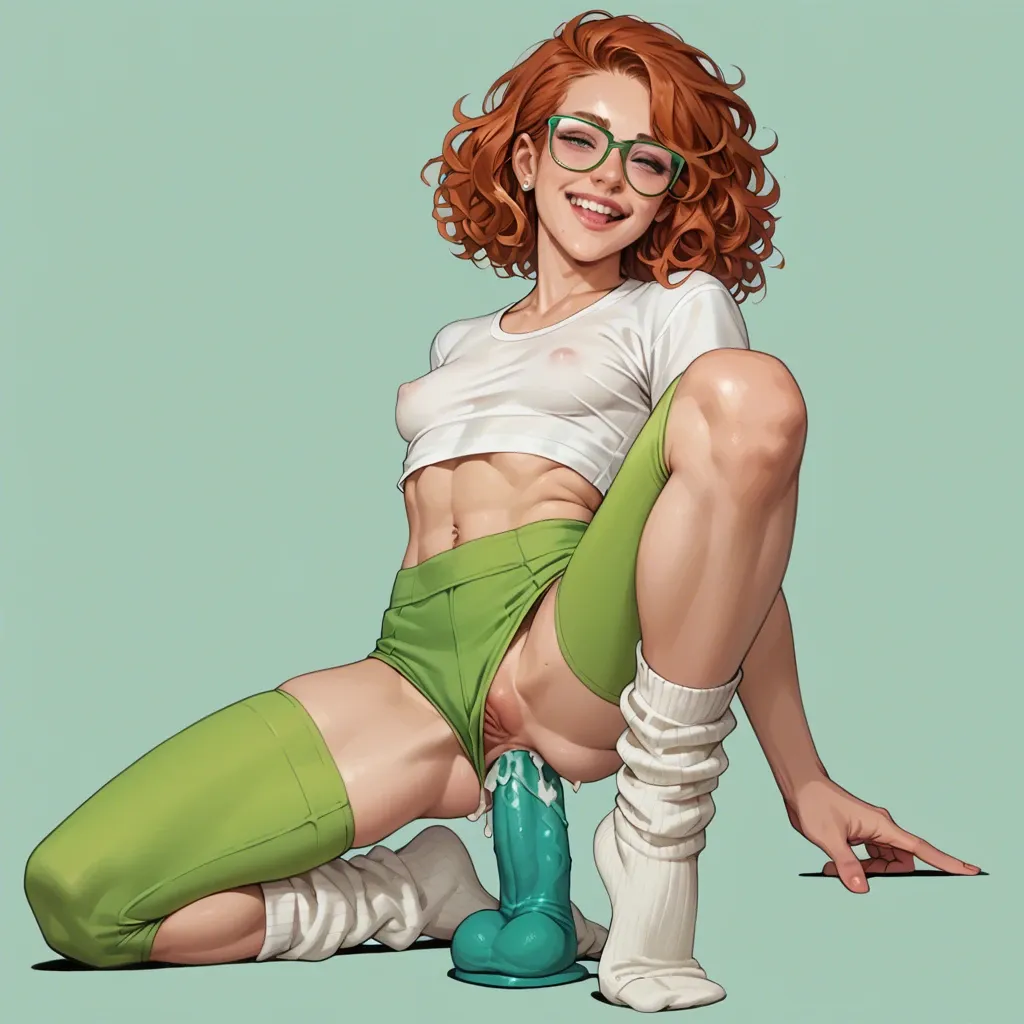 redhead, happy, super cute, teen, micro tits, flat tits, curly hair, big glasses, green yoga pants, hotpants, riding knobby dildo in ass, condom on dildo, socks fetish, white loose socks, cum drip