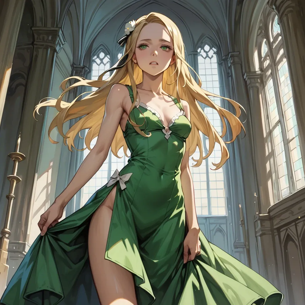 1girl, solo, (Character kamado tanjiro), (perfect face: 1,1), green eyes, blonde, skinny, green dress, in an expensive castle, aristocrats, manga style