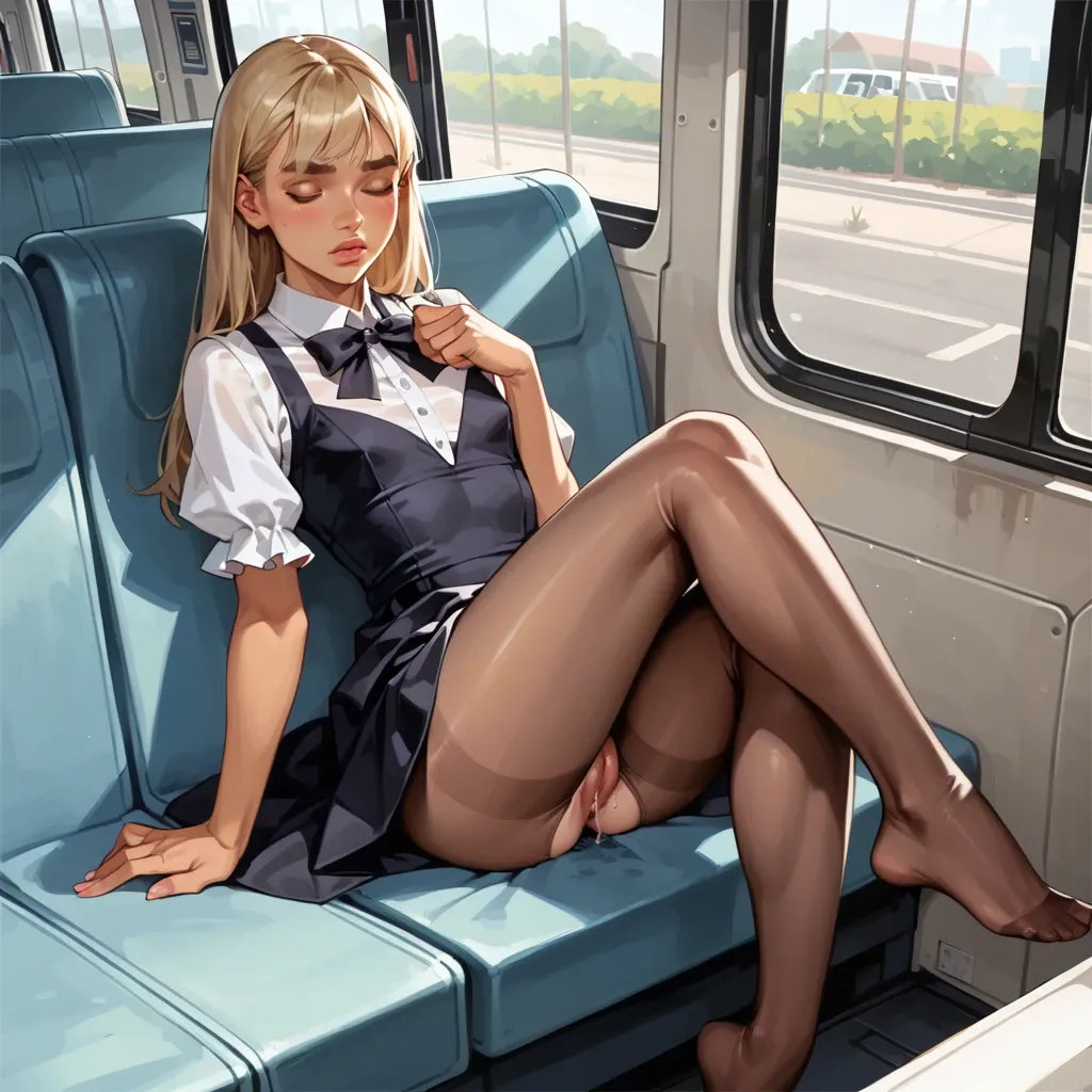 dress,closed eye,Woman Juice,foot,flat chest,1girl,character Loona,Hazbin hotel,masterpiece,pantyhose,bus,plump pussy,transparent panties, pantyhose,big thick eyebrows,full lips,tan line,straight bangs,blonde long hair,wet pussy