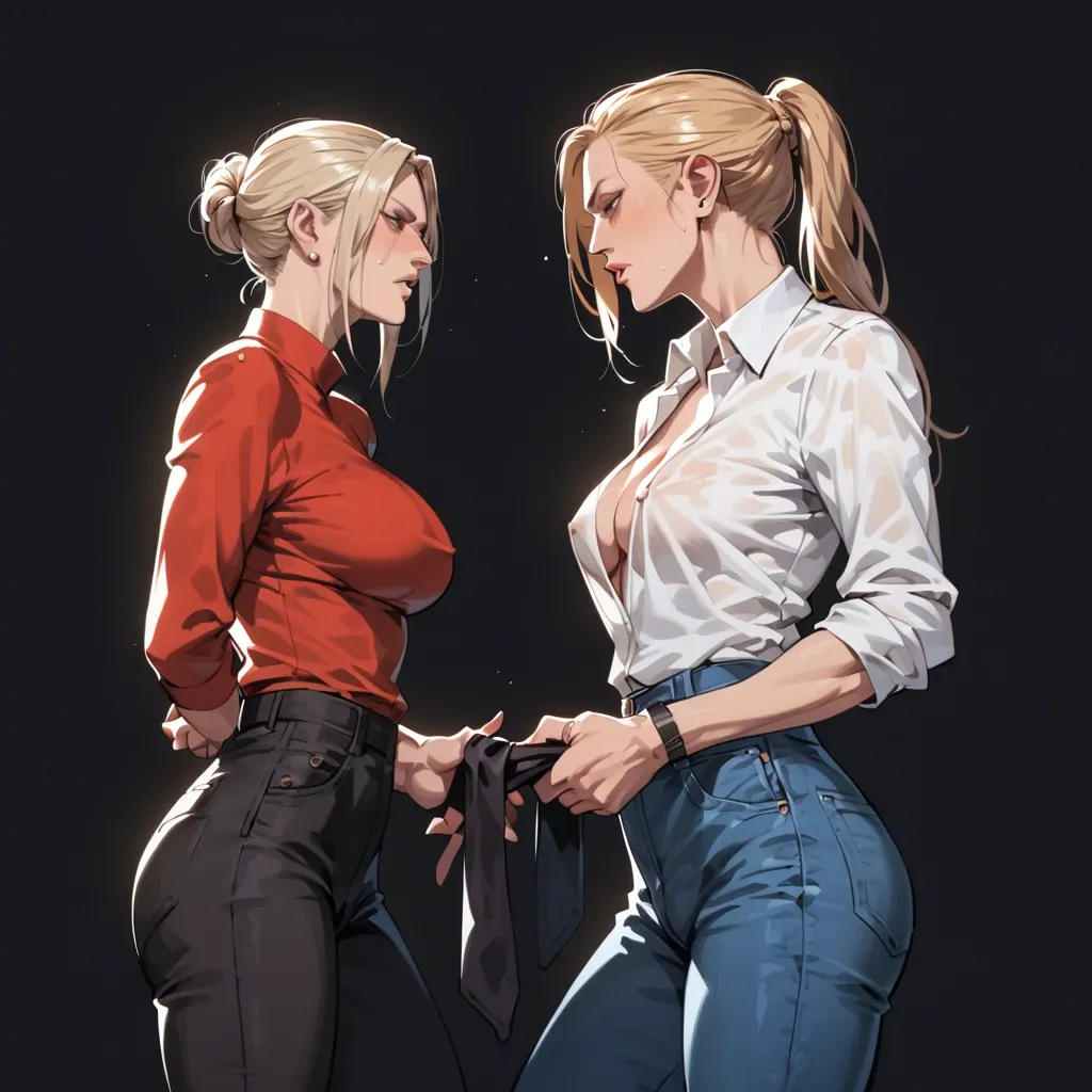 .Nina williams.black background.Nina williams white shirt,nina williams black pants,vegata red shirt,vegata blue jeans