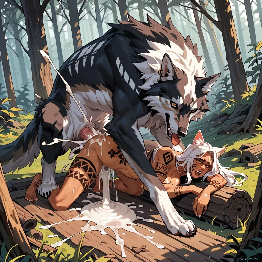 Furry cat girl, white fue, body paint, mark tattoo, feral wolf, black, vaginal penetration, creampie, extreme cum overflow, destoyed cabin, woods