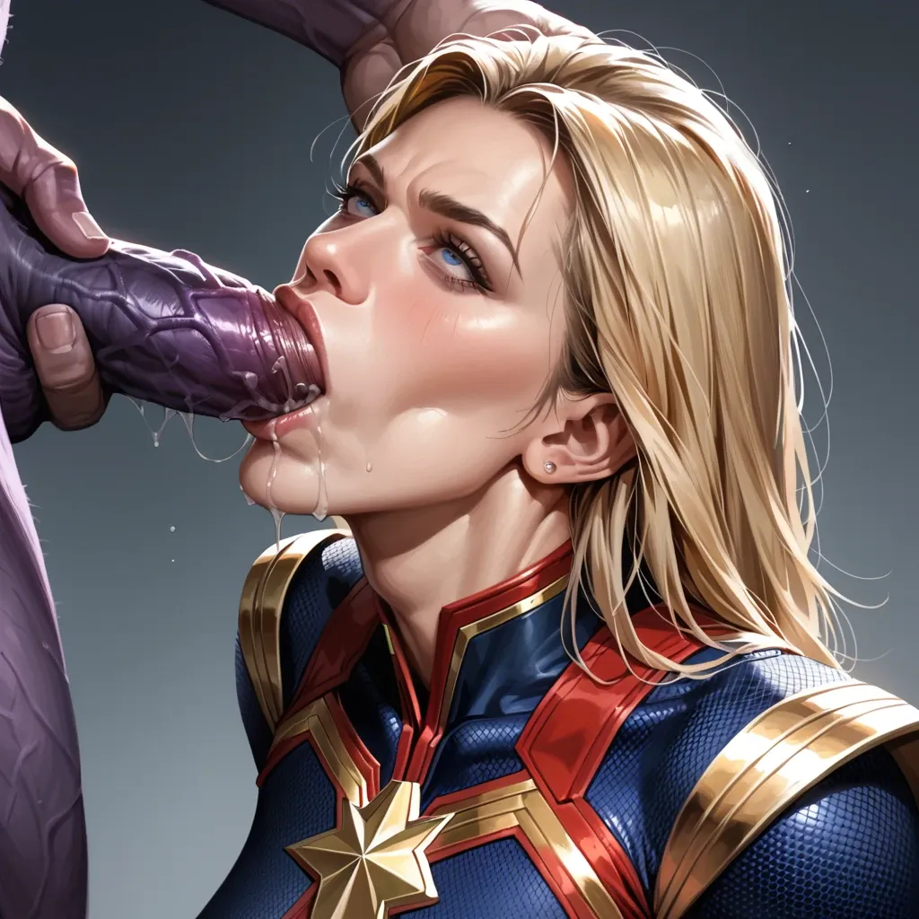 Hooker Captain Marvel, Kneeling and sucks Thanos's Dick, Hardcore Throat fucking, Top shot, Portrait, Eye Contact, Dick Slave, Real.