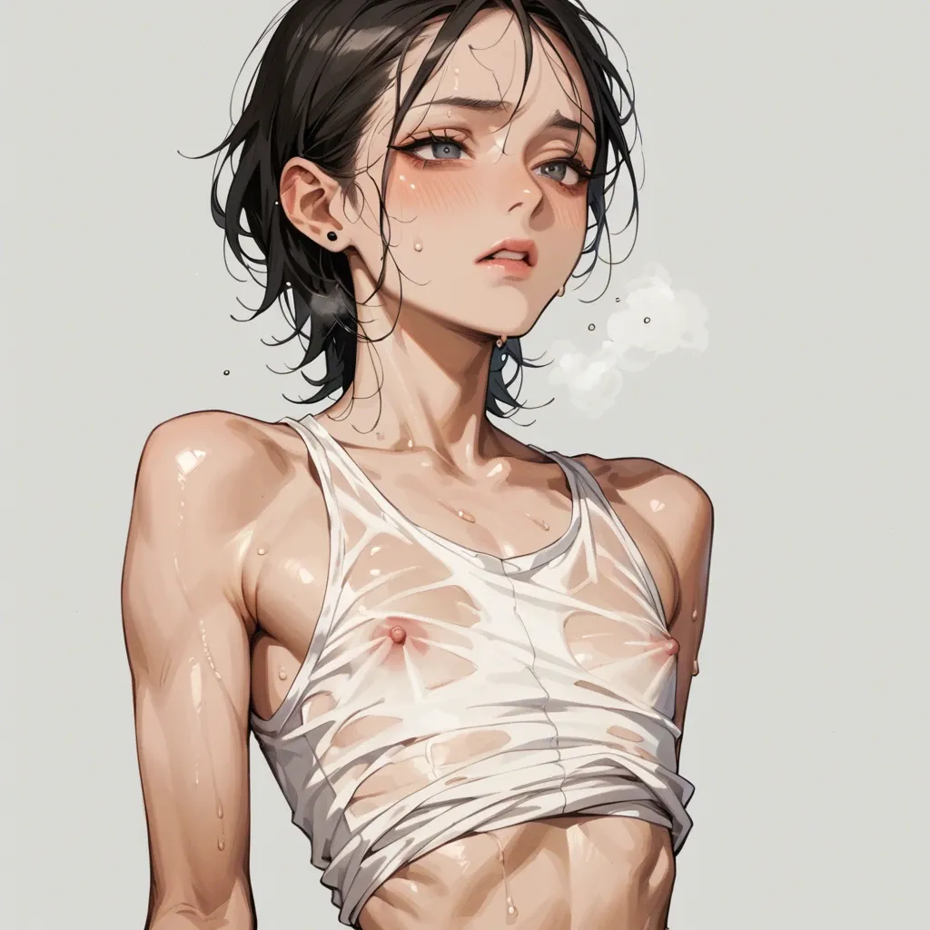 skinny flat chested cute young anime girl in tank top sweating heavily