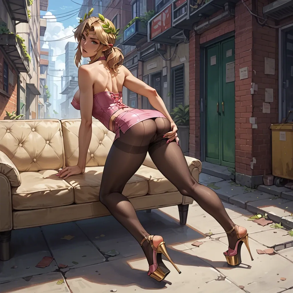 2girl, , , , stretching ass,leggings,nipple bulge,waists,shoulders, micro skirt,tights,laurel crown,pink corset,platform heels, couch, alleyway, spaceship, on desk, painted nails, golden hour, link