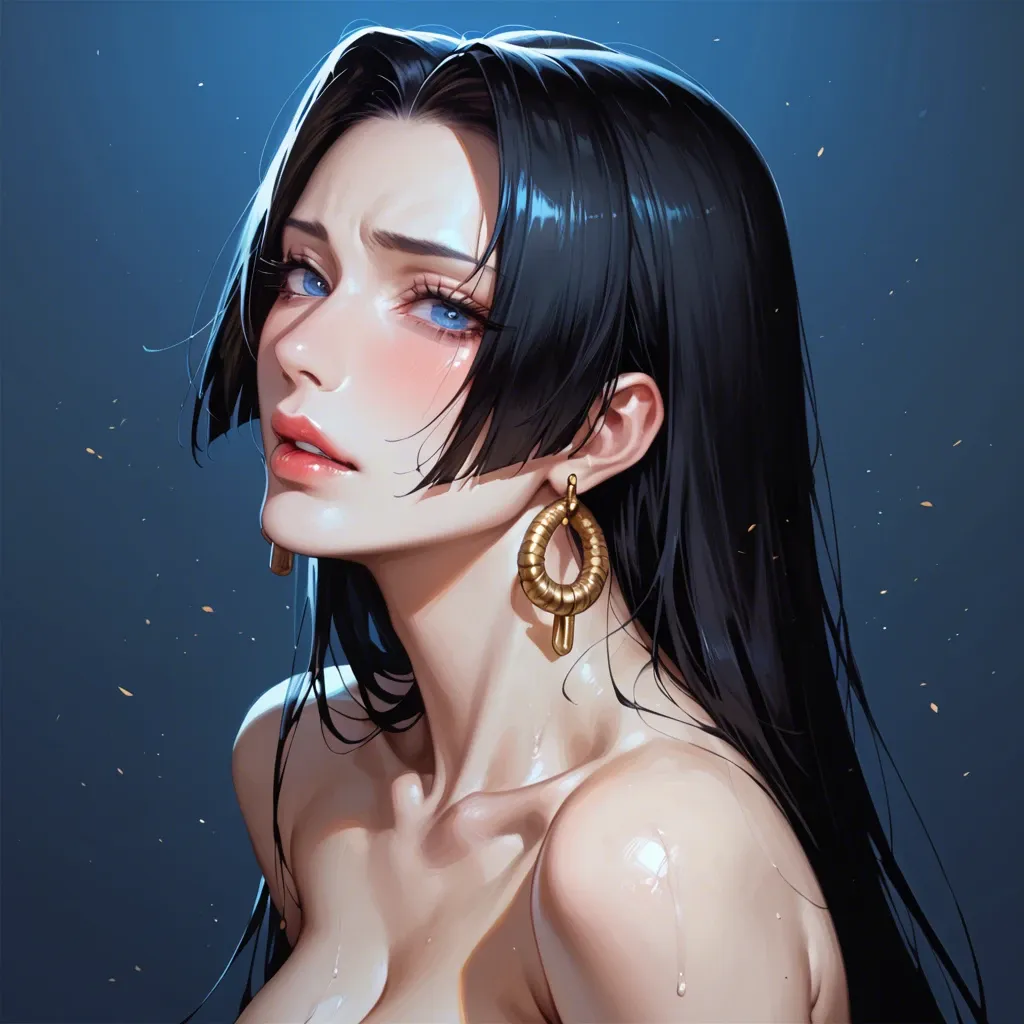 Dark night, dark blue lighting, Ultra realistic photo, Boa-Hancock hair, smooth skin, golden ratio face Korean, pale white Korean-Boa-Hancock, cute feminine face detailed light blue eyes