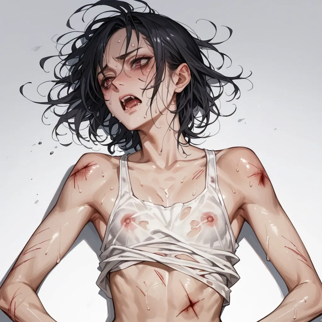 skinny flat chested cute young anime girl in tank top sweating heavily heavily injured and bruised, after losing a brutal catfight