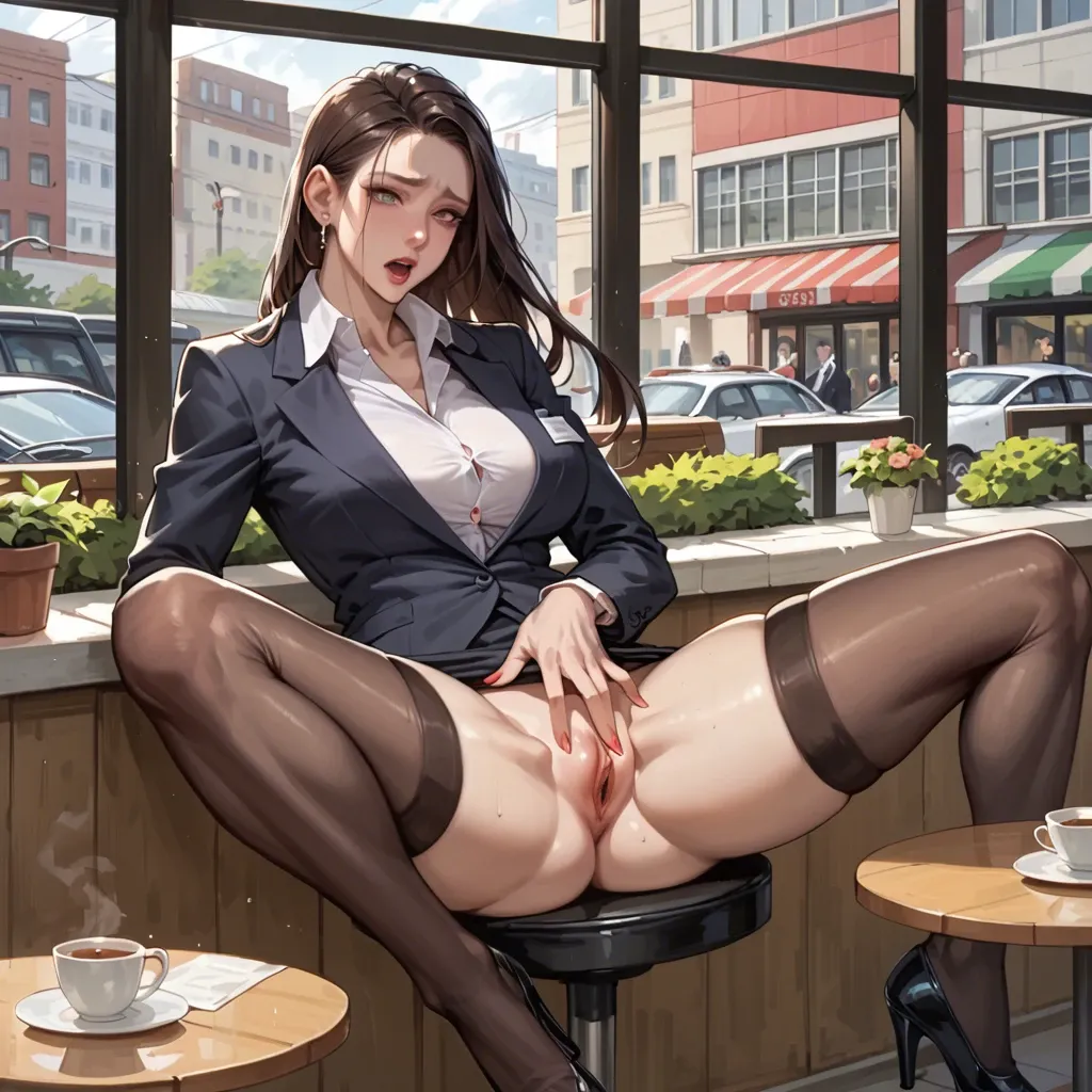 1girl,business suit , cafe, public, sexy, cute,exposed pussy,peach pussy, gigantic tits, masturbation