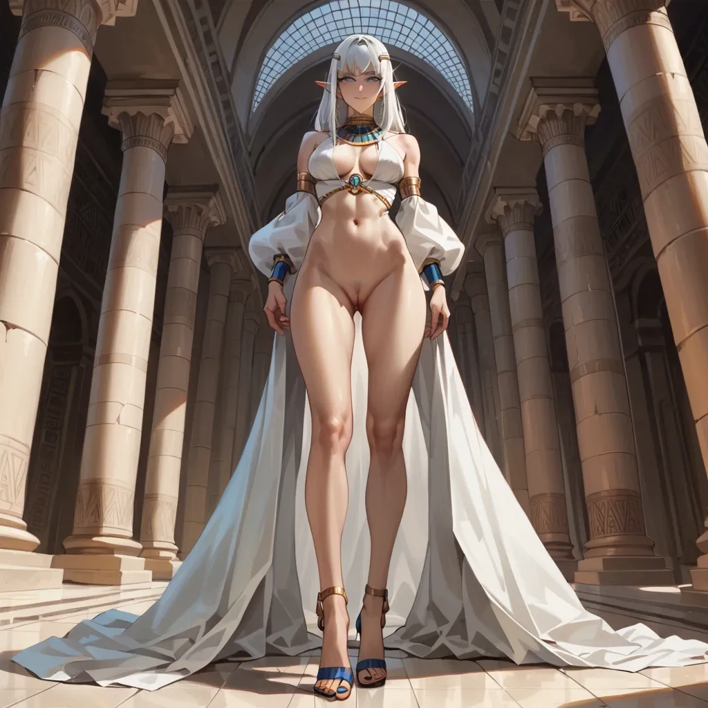 Yvraine, elf, white hair, blue eyes, Egyptian, anime art style, looking down, smirking, high heels, pussy, standing, feet focus, foot fetish, painted toenails, athletic, slim waist, large ass, long legs, thick thighs, nude, one arm up, armpit, armpit fetish, sweaty, navel piercing, gold anklets, jewellery, thin waist, makeup, view from below,