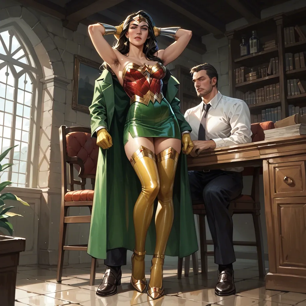 1girl,1boy, , , , black eyebrows,hairy armpits,slippery nipple,skinny abdomen,bare shoulder, underskirt,gold stockings,latex gloves,green bodysuit,high heels, office dress, medieval, wonder woman