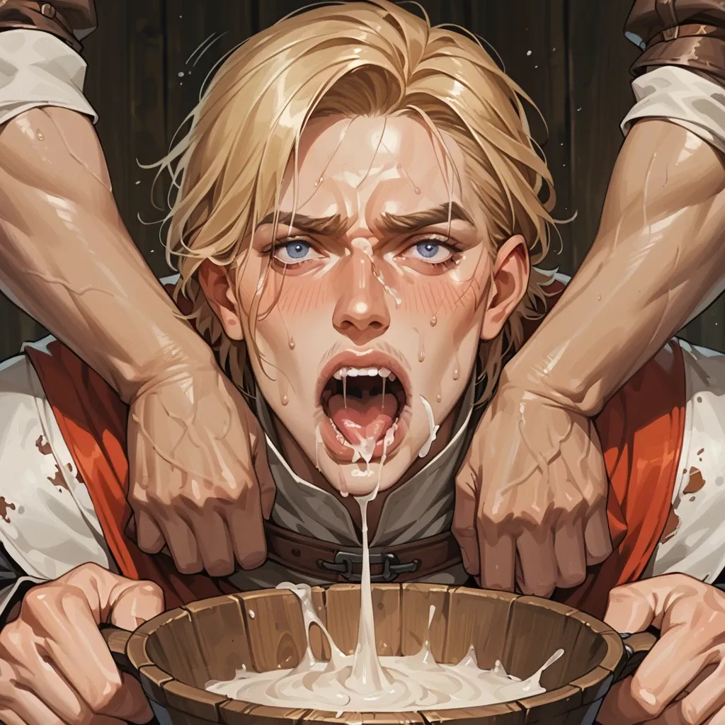 extreme close up view, man's hands in view, 2 men pushing blonde's face into huge bowl of cum. Medieval dungeon. Blonde screaming