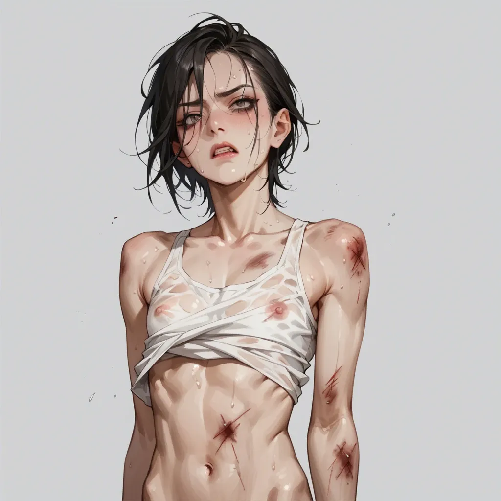 skinny flat chested anime girl in tank top sweating heavily heavily injured and bruised, after losing a brutal catfight