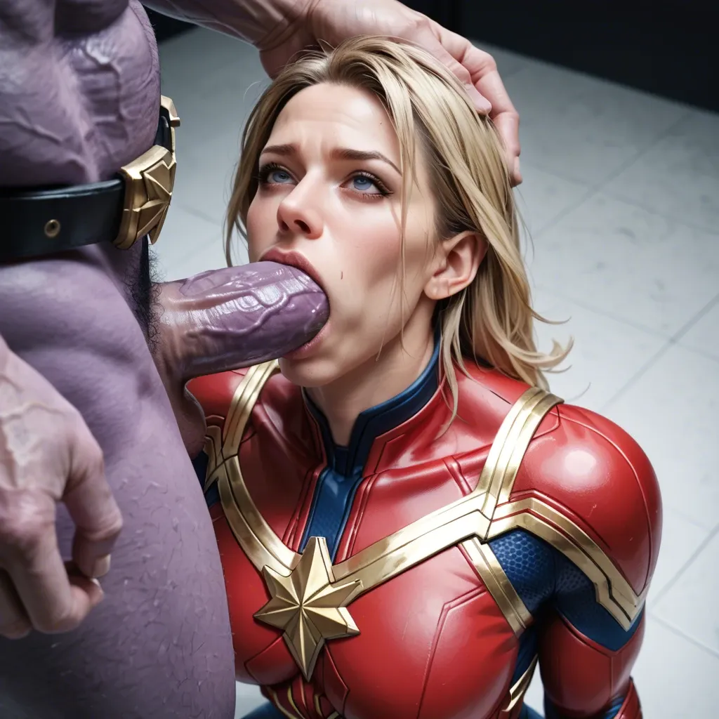 Hooker Captain Marvel, Kneeling and sucks Thanos's Dick, Hardcore Throat fucking, Top shot, Portrait, Eye Contact, Dick Slave, Real.