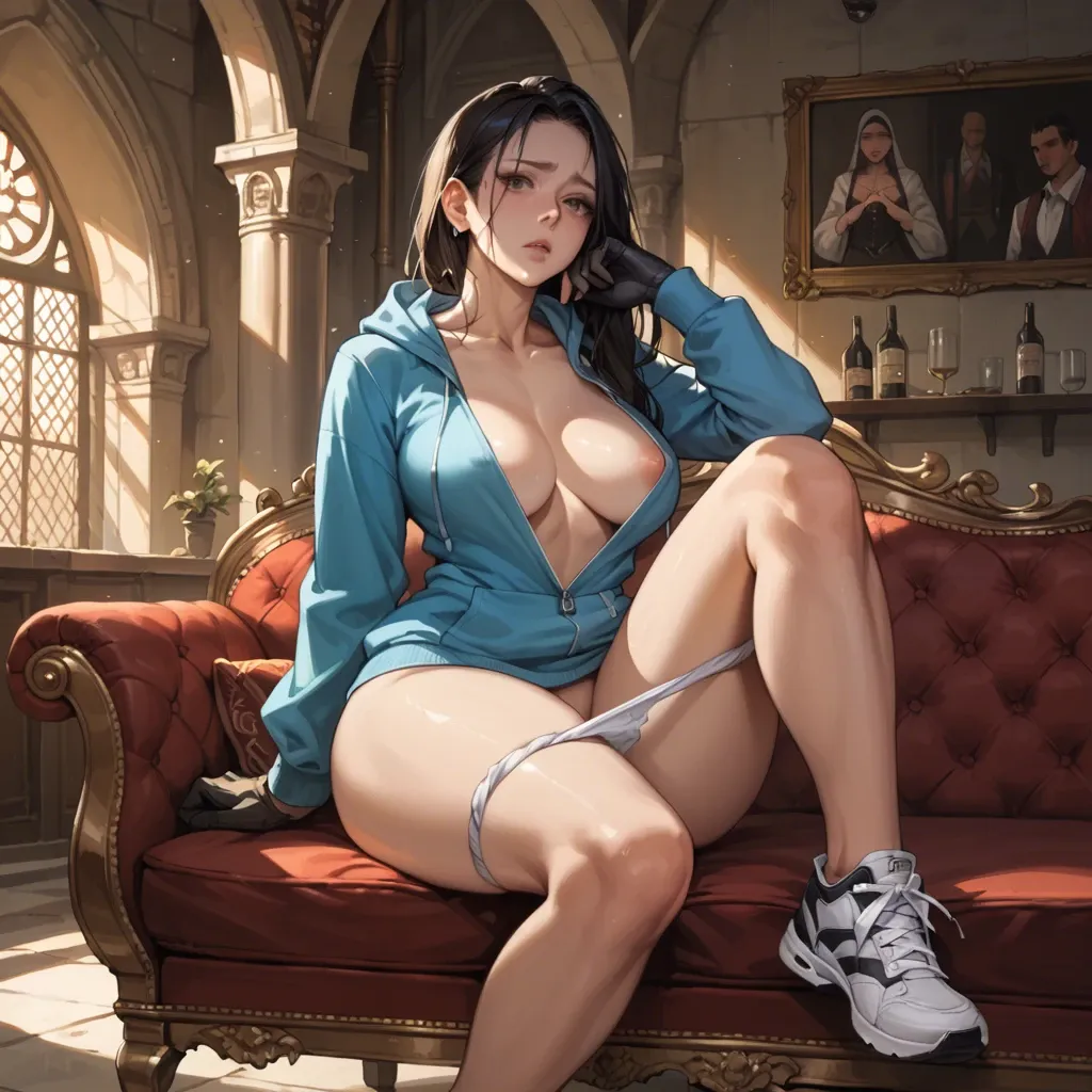 1girl,solo, , , , large eyes,sexy thighs,large boob slip,large hips,hold neck, sweatshirt,palace bedroom,black gloves,panties down,sneakers, sit on a couch, tavern setting, in front of bed, anime artwork, golden hour, princess peach, wonder woman, dynamic angle