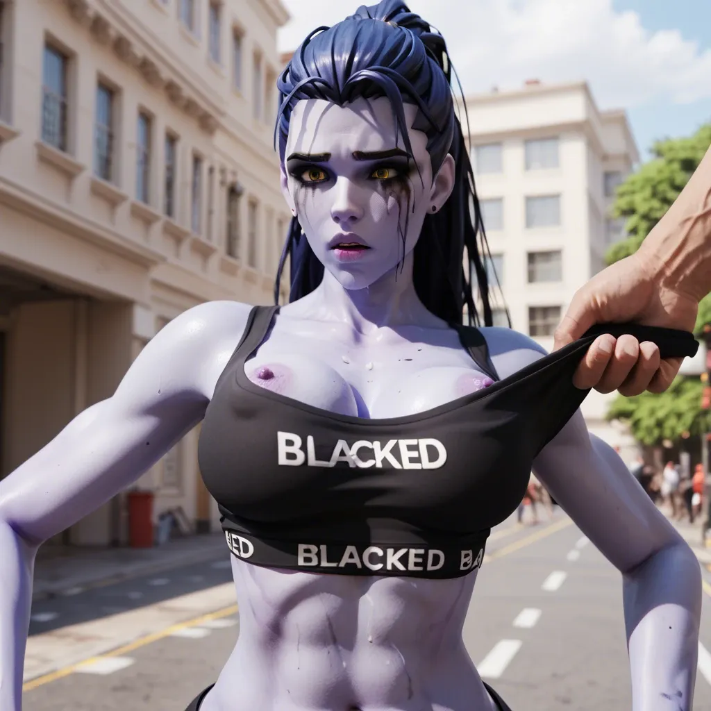 3d, highly detailed, widowmaker, purple skin, blacked crop top pulled down exposing breasts, non consent, forced, fear, running mascara, frighten, body covered in cum