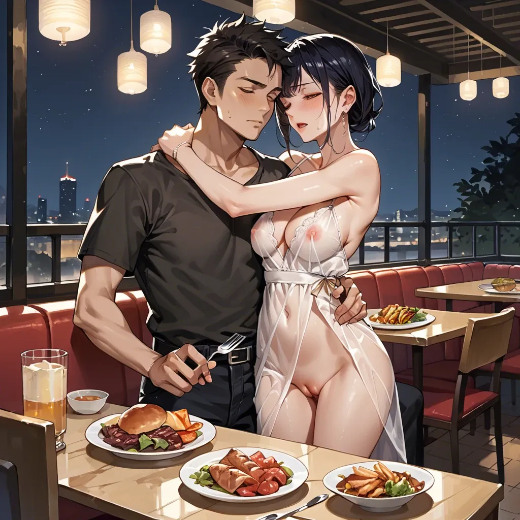 1girl, 1boy, Dinner, restaurant, anime, night, see through, pussy, hugging