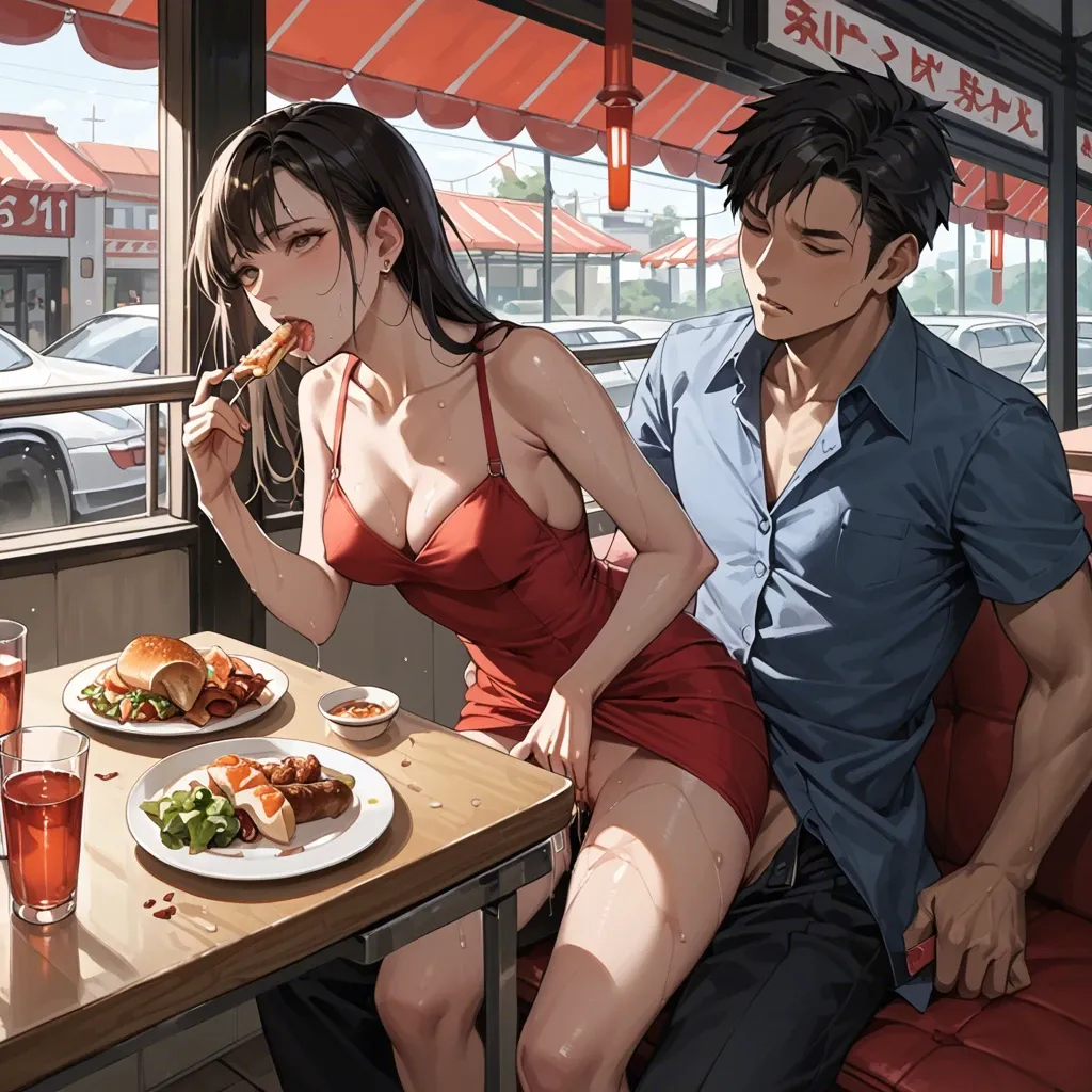 1boy, 1girl, Anime, restaurant, dinner, wet pussy, half dresses, sex, eating