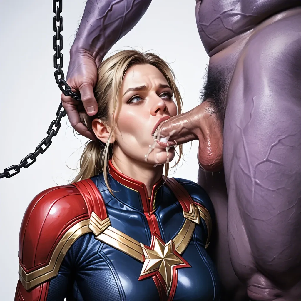 Hooker Captain Marvel, Kneeling and sucks Thanos's Dick, Forcibly Throat fucking, throat creampie, tied by chain, Top shot, Portrait, Eye Contact, Dick Slave, Real.