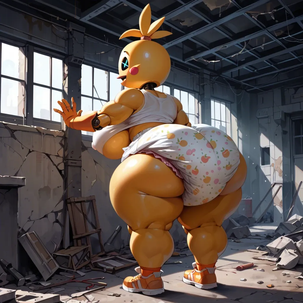 1girl,solo,,,, toy chica, massive tits, huge ass, thick thighs, wide hips, diaper, abandoned building,