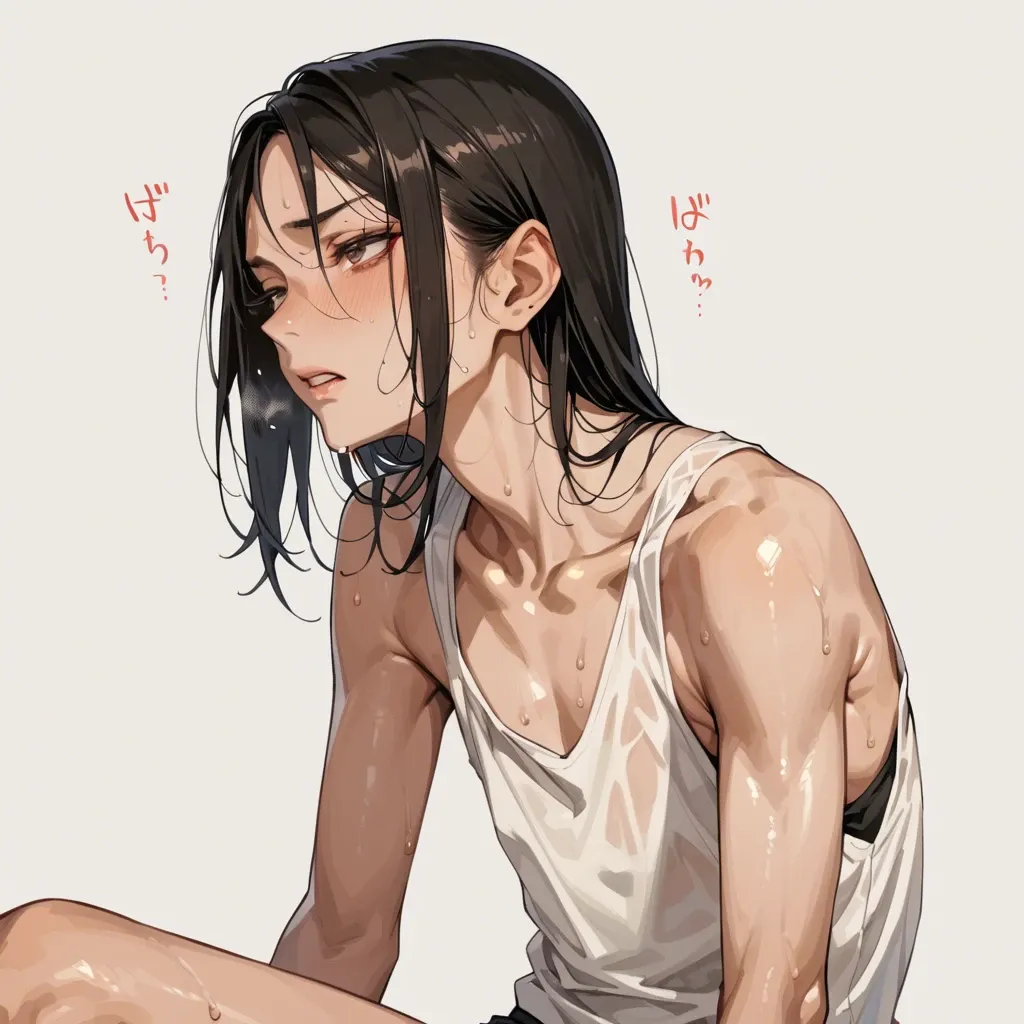 skinny flat chested cute young anime girl in tank top sweating heavily emotionless