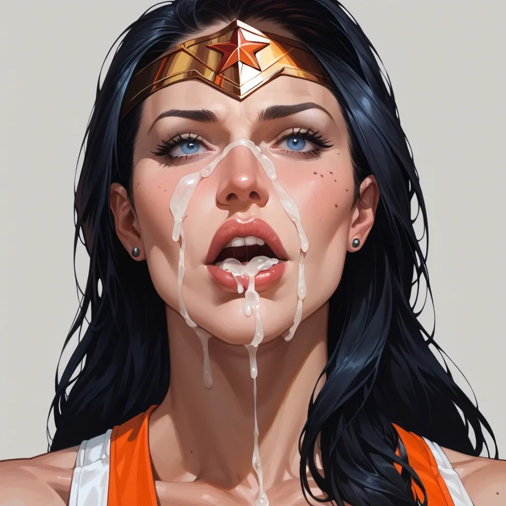 wonder woman hooters girl outfit, Julia voth, cum facial, extreme close-up, vibrant color grading