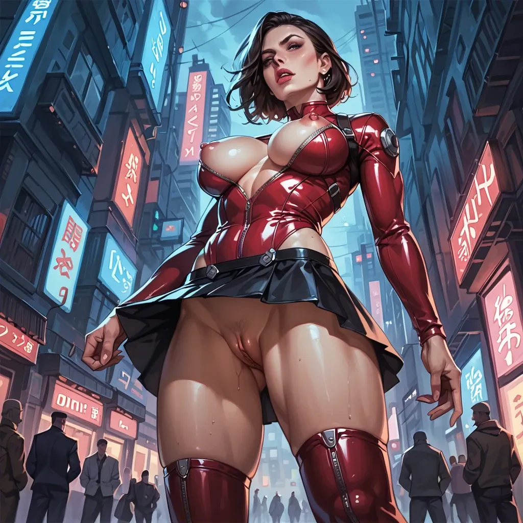 cupless motosuit, neon night city, athletic body, very deep cleavage, tits out, nipples out, big perky round tits, pushup tits, side view from below, upskirt, seductive face, large burgundy closed lips, heavy upper lips, hair braid, vulgarity