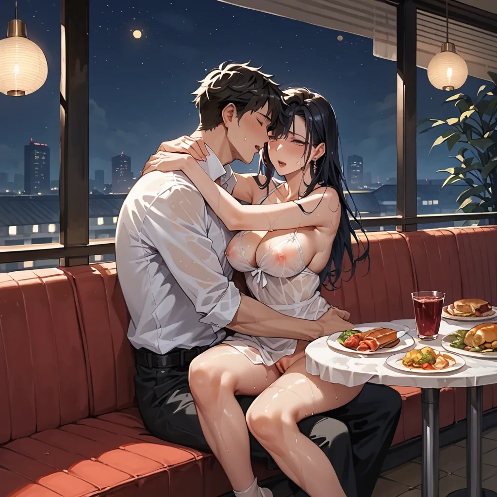 1girl, 1boy, Dinner, restaurant, anime, night, see through, wet pussy, hugging