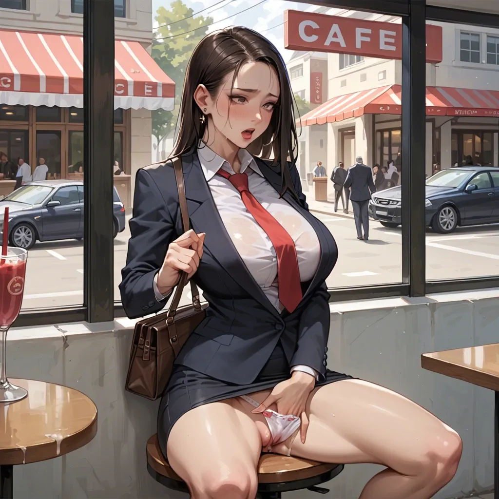 1girl,business suit , cafe, public, sexy, cute, without panties,peach pussy, gigantic tits, masturbation