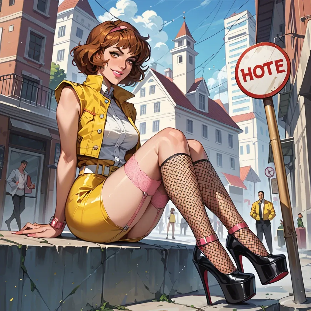 April O'Neil, classic, anime, smiling, pink lips, sleeveless yellow jacket, white button blouse, yellow tight micro skirt, white belt, pink garter belt, black fishnet socks, white platform high heels, at the entrance of a hotel, Sign on the wall that says "April O'Neil sexual services"