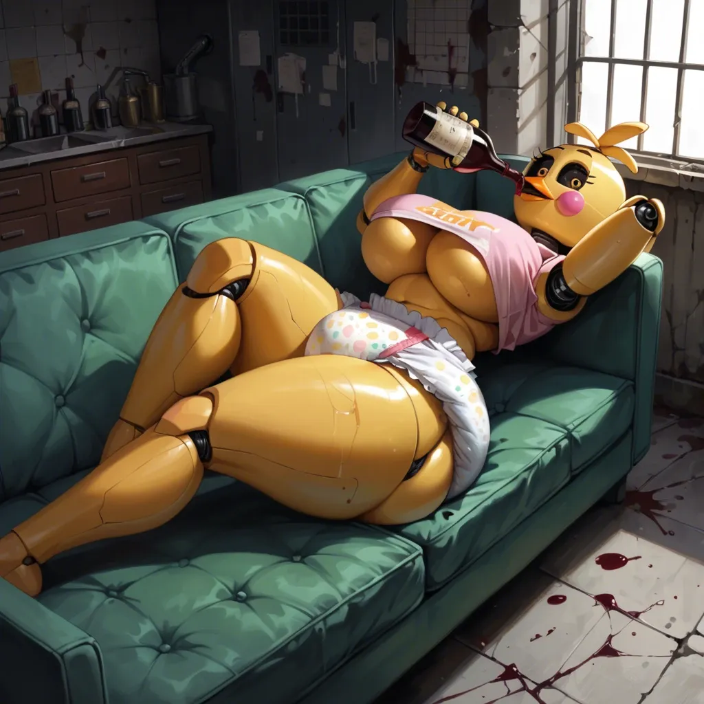 1girl,solo,,,, Withered chica (Five Nights At Freddy), massive tits, huge ass, thick thighs, wide hips, diaper, abandoned building, FNAF, side view, laying on back, sofa, drinking wine