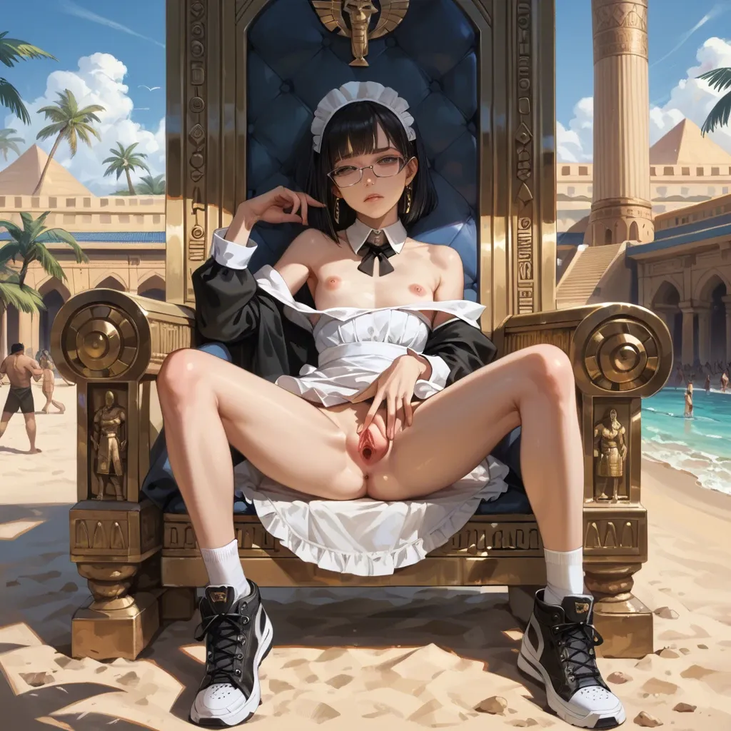 1girl,1boy, , , , lip,flashing pussy,flat chest,breast rest,off shoulder, maid dress,egyptian palace,glasses,no bra,black sneakers, club setting, crowded beach, throne room, detached collar, semi-realistic, dark green gown, link, spider-gwen, waifu