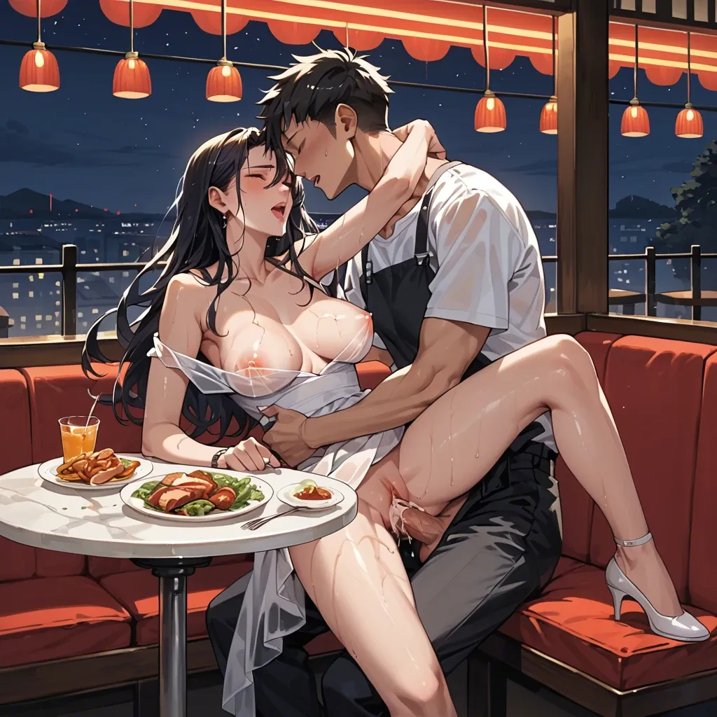 1girl, 1boy, Dinner, restaurant, anime, night, see through, wet pussy, hugging, sex