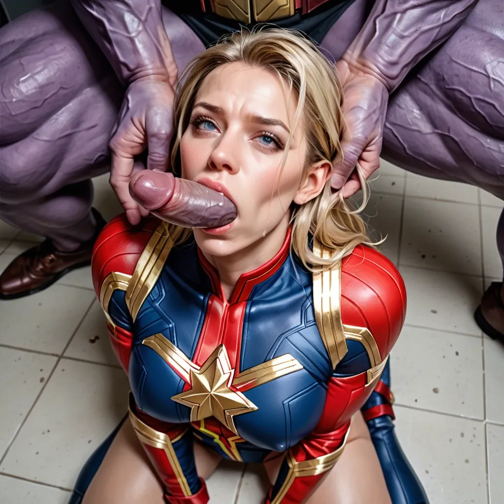 Hooker Captain Marvel, Kneeling and sucks Thanos's Dick, Forcibly Hardcore Throat fucking, Top shot, Portrait, Eye Contact, Dick Slave, Real.