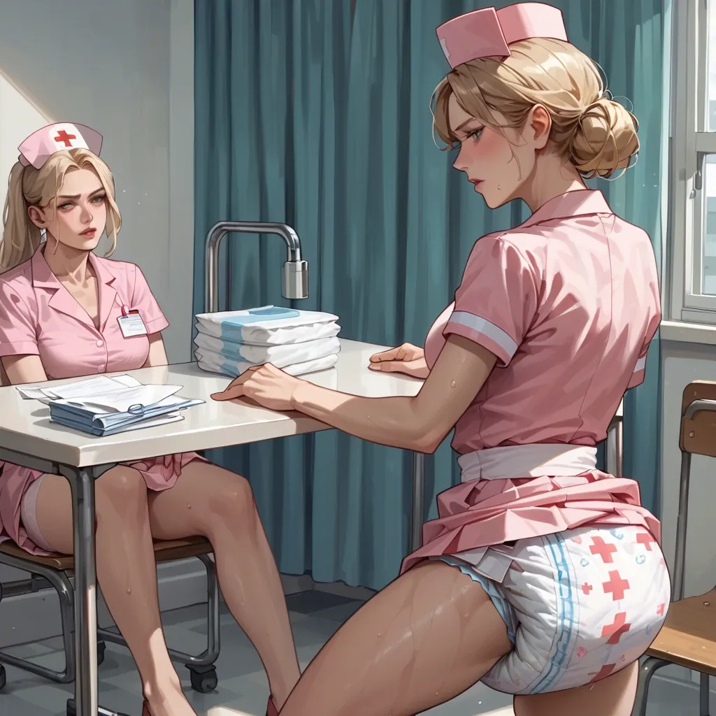 2girl, nurse, Girl in a diaper, wet diaper, blonde, pink Shirt skirt, changing Table,