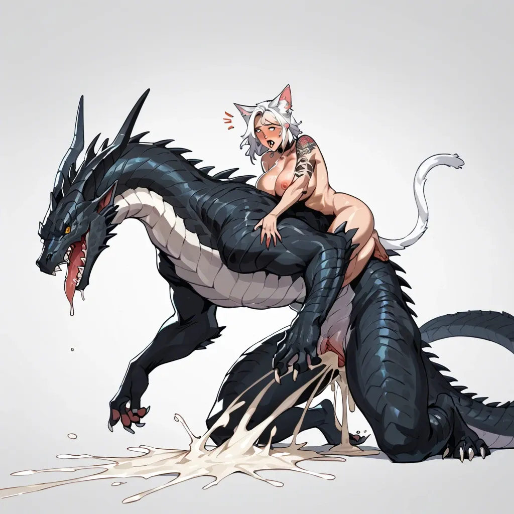 Furry catgirl, white fur,  marked tattoo, curvy body, submissive, feral dragon, black scales, gorced vaginal penetration, surprise creampie, extreme cum overflow, subdued,