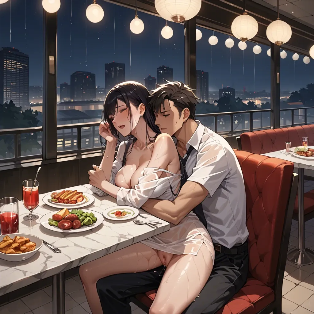 1boy, 1girl, Anime, restaurant, dinner, wet pussy, night, hugging, see through