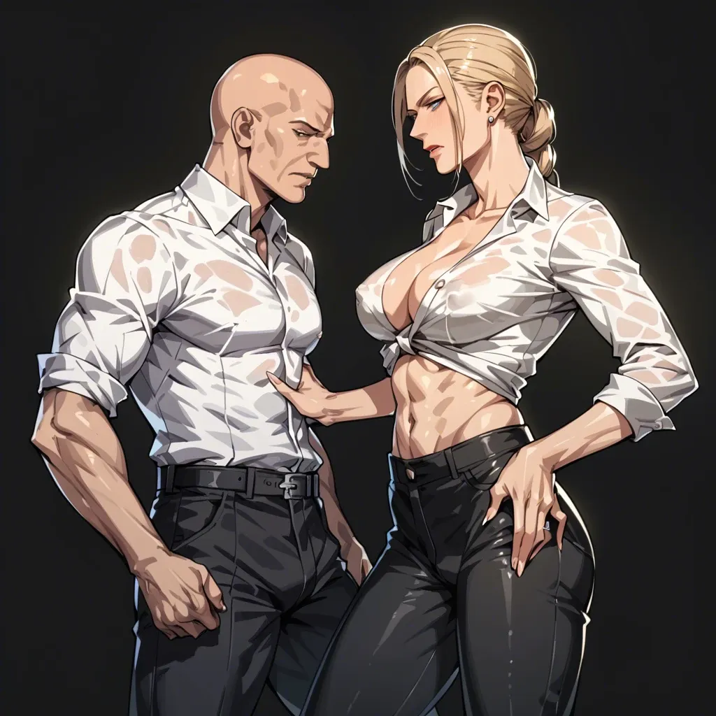 .Nina williams.black background.Nina williams white shirt,nina williams black pants,bald pedro mexican,