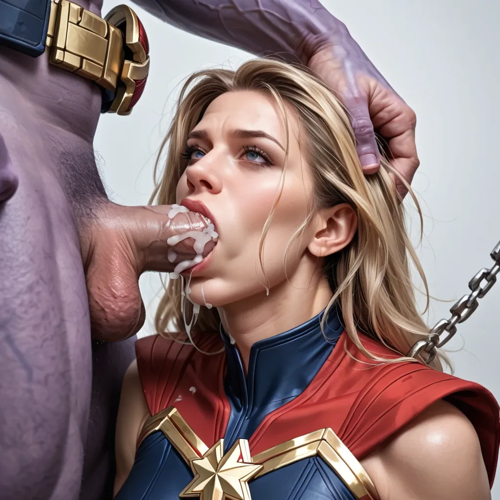 Hooker Captain Marvel, Kneeling and sucks Thanos's Dick, Forcibly Throat fucking, throat creampie, tied by chain, Top shot, Portrait, Eye Contact, Dick Slave, Real.