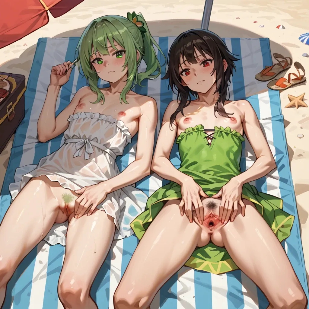 2 girls, megumin, nahida, petite, pubic hair, flat chest, beach, bedding, umbrella, nude breast, spread pussy, leaning, under dress